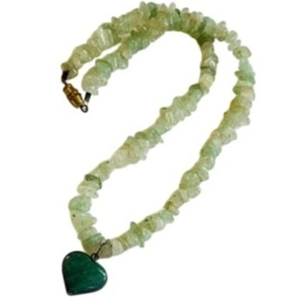 VTG Green Aventurine stone Heart Beaded Necklace Collar natural beads BOHO‎ 16